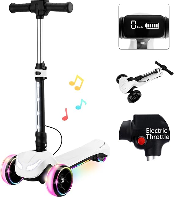 Electric Scooter for Kids w/150W Powerful Motor, Thumb Throttle, LCD Screen, Bluetooth, Light-Up Stem Deck & Wheel, 3 Adjustable Heights, 5MPH Safe Speed, 3 Wheel Electric Scooter for Kids, White