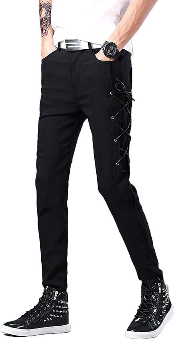 Mens Motocycle Hip Hop Skinny Rock Punk Pants