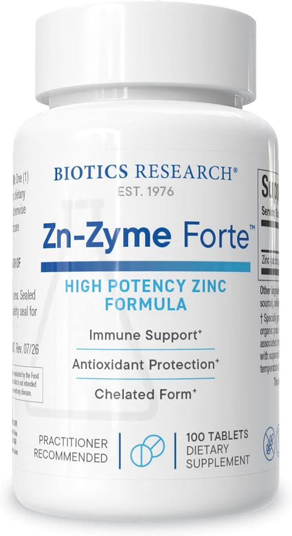 BIOTICS RESEARCH Zn-Zyme Forte Zinc Citrate & Gluconate 25mg 100 Tablets | Immune System Support, Optimal Cellular Function, Tablet-Based with Added antioxidants, Men & Women