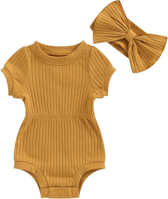 Baby Girl Romper Short Sleeve Onesie Cute Newborn Clothes with Headband Summer Infant Girl Outfit