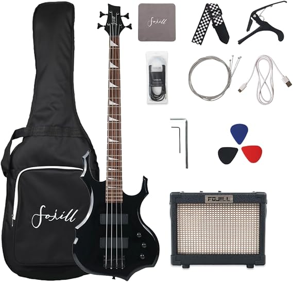 Fojill Full Size 4 Four String Electric Bass Guitar 10W Battery Power Bluetooth Amplifier Amp Beginner Starter Kit Set Combo Bundle Package Accessory