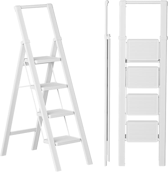 SOLADDER 4 Step Ladder, Lightweight Folding Step Stool, Pure White