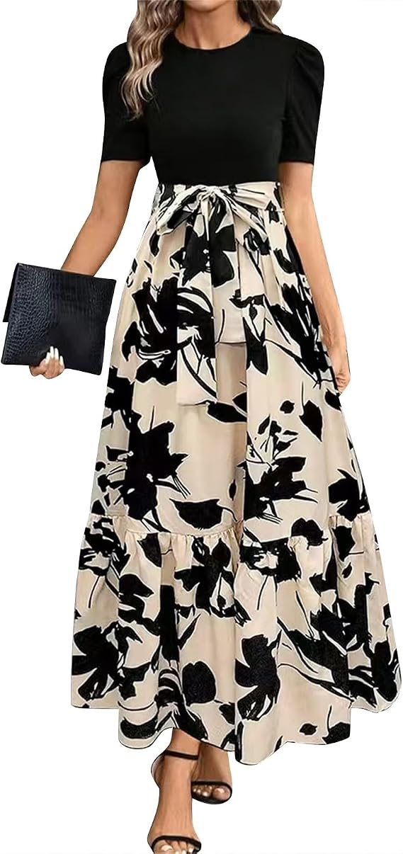 Maxi Dresses for Women 2026 Summer Short Sleeve Floral Maxi Dress Trendy High Waist Long Dresses Flowy Summer Dress