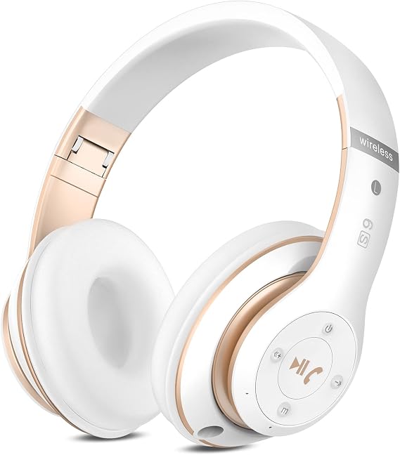 Rebocico Bluetooth Headphones Over Ear, 6 EQ Modes Wireless Headphones | 65 Hours Playtime, Foldable Lightweight, Over Ear Headphones with Microphone, FM, SD/TF for PC/Home（White gold）