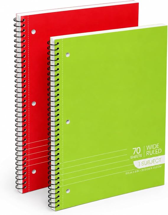 Manaloom Spiral Notebooks, 1-Subject Notebook, Wide Ruled Notebooks - 70 Sheets - 3 Hole Punched, Subject Notebooks for School Classroom, Home, Office - Perforated Pages, Assorted Colors - (2 Pack)