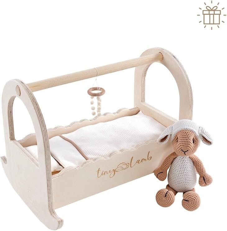 tinylamb Ahşap Bebek Beşiği, Amigurumi Kuzu Oyuncak, Mini Yastık, Mini Yatak, Mini Örtü Seti, Krem, 0-3 Ay