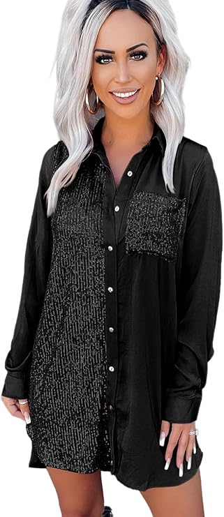 Women Oversized Satin Sequin Patchwork Shirt Dress Lapel Long Sleeve Length Blouse Skirt Pocket Button Outwear
