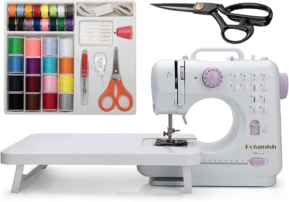 Mini Sewing Machine by Potamish (Including Extension Table and Sewing Supplies Set) - Small Electric Overlock Sewing Machines with 2 Speed 12 Built-in Stitch Patterns PM-005-A8