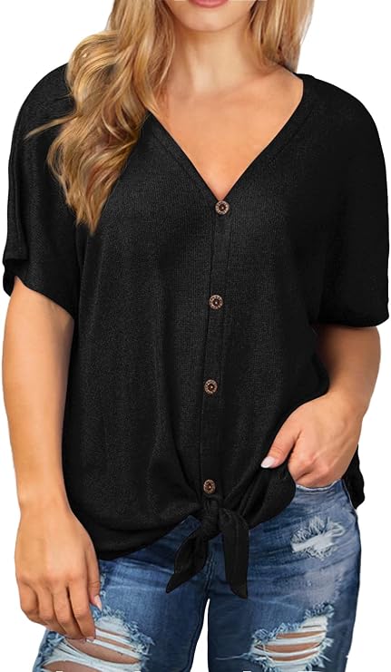 OLRIK Plus Size Tops for Women Short Sleeve V Neck Waffle Knit Shirts