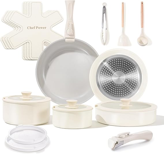 Chef Power Ceramic Nonstick Pots and Pans Set 19 Piece with Detachable Handle, Induction Dishwasher Oven Safe Cookware Set, RV Kitchen Set Removable Handle, Granite Grey and White