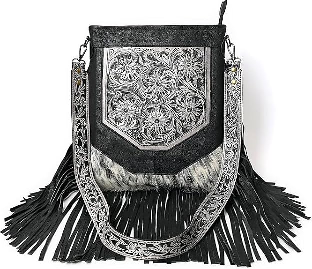 Merbaa Berlin hand-carved Fringed Shoulder Bag Natural Cowhide Hand Bag with Floral Hand Tooling