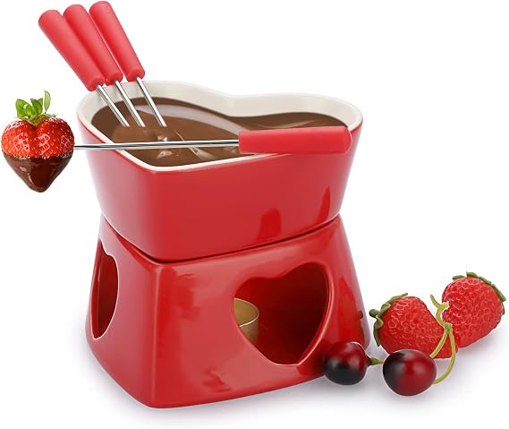 BSTKEY 320ml Ceramic Butter Cheese Fondue Pot Set with 4 Red Forks, Red