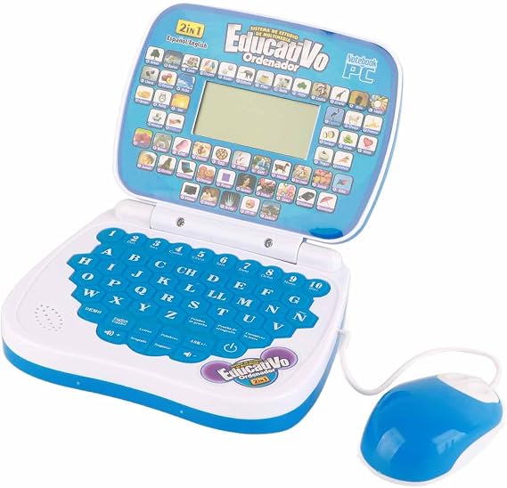 ZJchao Bilingual Kids Laptop, Music Function, Rereading, Keyboard, ABS Educational Early Reread Machine with English and Spanish for Children (Blue)