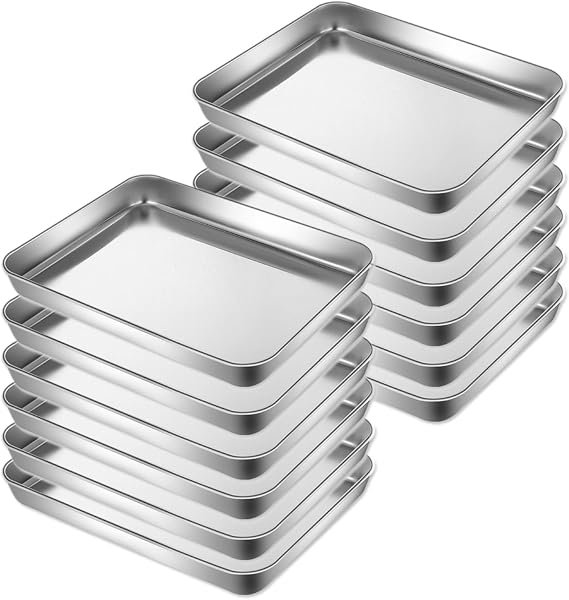 Stainless Steel Baking Sheet Bulk Non Stick Oven Tray 12 Pack | 9x7x1 Inch Heavy Duty Metallic Cookie Sheets, Culinary Roasting Pan Trays, Commercial Kitchen Restaurant Bake Ware Containers