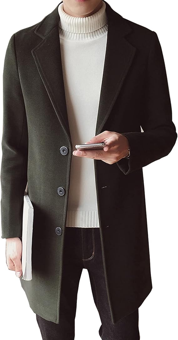 Men's Trench Coat Slim Fit Notched Lapel Jacket Overcoat