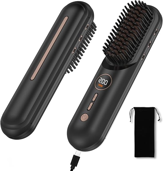 Atopskins Cordless Hair Straightener Brush, Portable Mini Hair Straightening Brush for Travel, Rechargeable 9000 mAh USB-C, Lightweight Anti-Scald Heated Styling Tools & Appliances (Black)