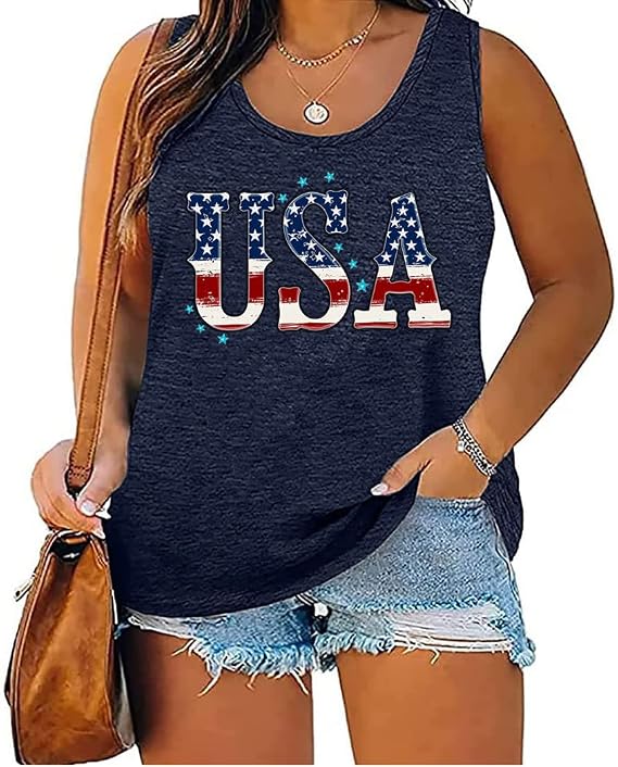 Plus Size 4th of July Independence Day Tank Tops for Women Summer American Flag Graphic Printed Tees Sleeveless Patriotic Top