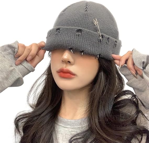 Gothic Beanie Winter Knit Hats Trendy Metal Rings Pin Hip Hop Streetwear Harajuku Y2k Skull Cap Emo Scene Grunge Accessories (Gray,One Size)