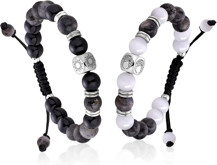 TOTWOO Elegant Beaded Bracelets for Couples - Valentines Day Gifts with Positive Meaning, Natural Stone & Stainless Steel Healing Energy Jewelry, Adjustable Sun and Moon Set, Perfect Friendship Gifts