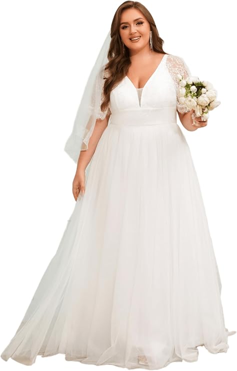 Ever-Pretty Plus Women's Lace V Neck A Line Short Sleeves Long Simple Bridal Gown Plus Size Wedding Dress for Bride