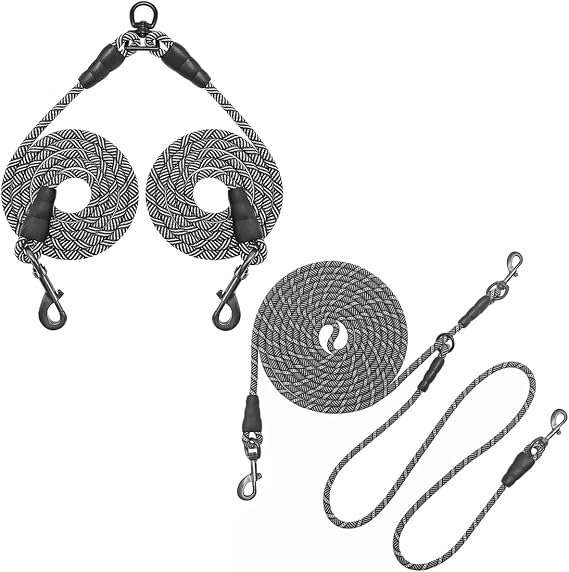 Dog Tie Out Reflective (20ft)+ 5FT Double Dog Leash Coupler Suitable for 2 or 3 Dogs
