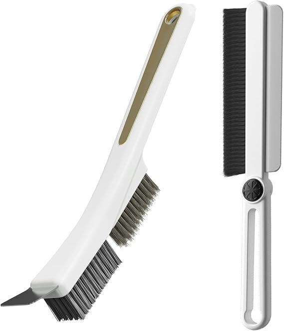 Crevice Cleaning Brushes with Rotatable Handle, Wire Nylon Scrub Brush with Stainless Steel Scraper, Grout Brush for Kitchen Stove Sink Tiles Corners Range Hood Door Window Track, 2 Pcs