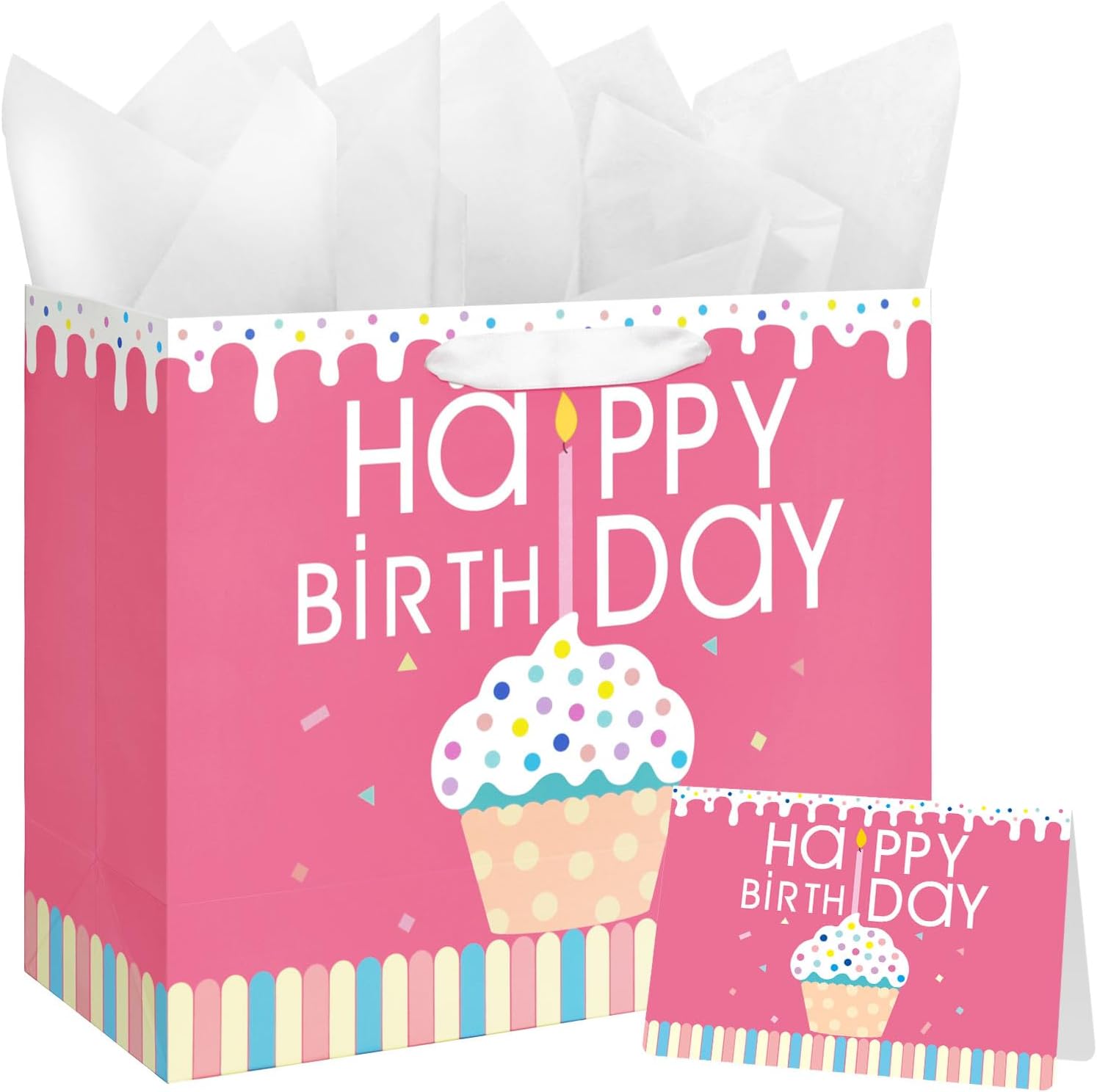 13 Happy Birthday Gift Bag with Tissue Paper and Card for Girls Women Kids Birthday Party Cupcake Design