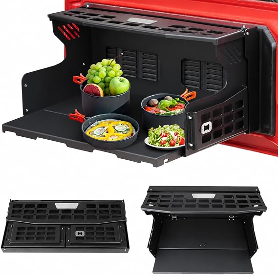 HEKA 2-in-1 Tailgate Foldable Table Molle Panel Fit for Wrangler JK JL JKU JLU 2007-2023 2/4 Door 2 Tier Foldable Rear Storage Cargo Shelf Camping Travel Cooking Outdoor Adventure Parties