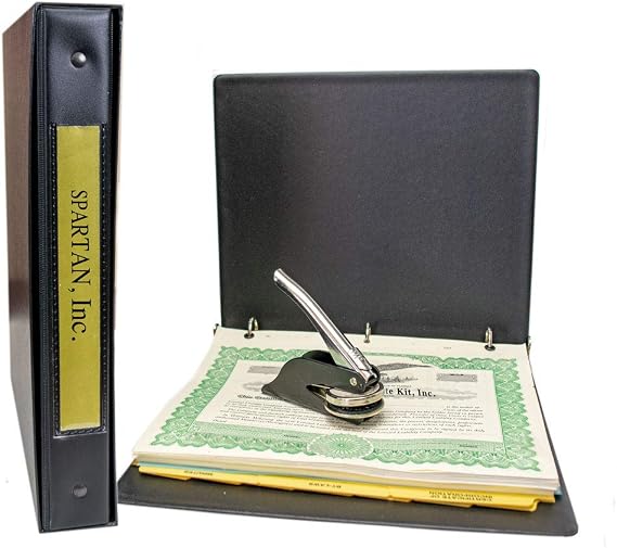 Corporate Kit with PDF of Minutes and Bylaws, Black Records Binder with Matching Slipcase, Company Seal, Printed and Numbered Stock Certificates, Full-Page Stubs, 5-Part Index,