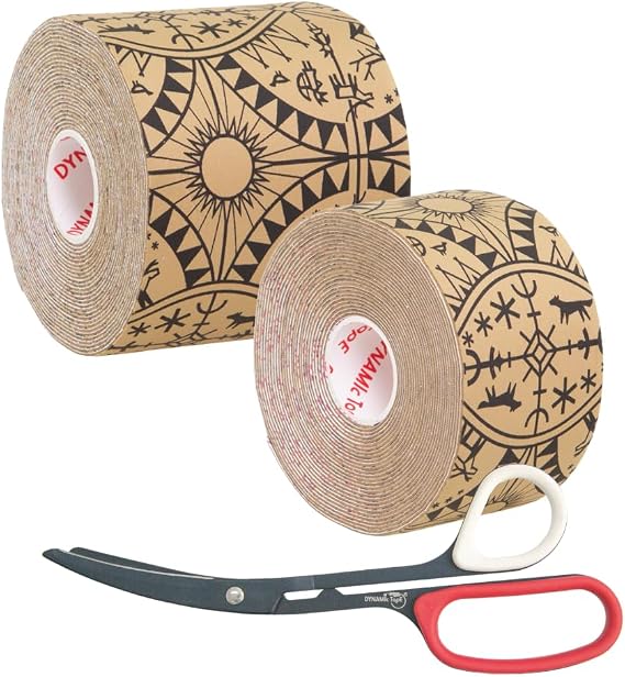 Dynamic Tape Powerband Bundle | 3 + 2 Beige Biomechanical Sports Tape + Scissors | Ultimate Recoil Support Tape for Muscles, Tendons, Fascia | 4-Way Stretch | Latex-Free | Pro Physio Kit