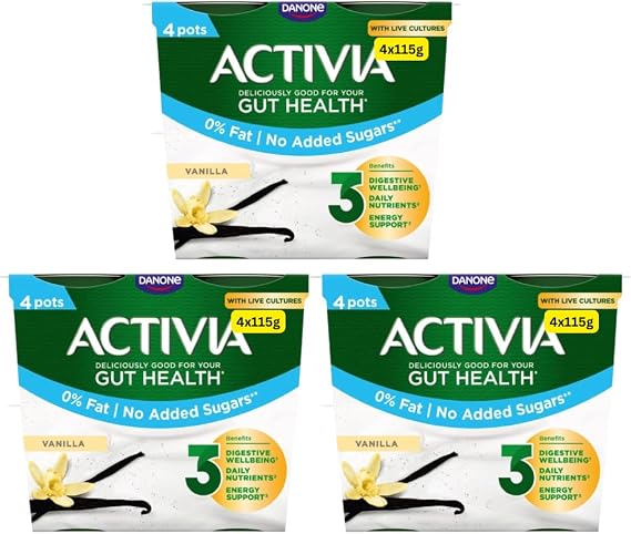 Gut Health Yoghurt Activias Multipacks Rhubarb, Strawberry, Vanilla and Blueberry 12x115g (Vanilla Sugar Free 12x115g)