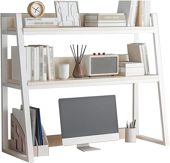 Dorm Desk Hutch,Ladder Desktop Bookshelf,2-Tier Computer Desktop Bookcase,Desk Hutch Top Only,Desk Organizer Shelf,Multipurpose Desktop Display Rack for Dorm Office Home(30x13x35inch, White)