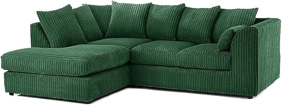 4 Settee Suites - Sectional L Shaped 4 Seater Corner Sofa - Modern Jumbo Cord Sofas - Small L Shape Left & Right Hand Settees - Comfy Scatter Back Couches for Living Room (Green, LHC)