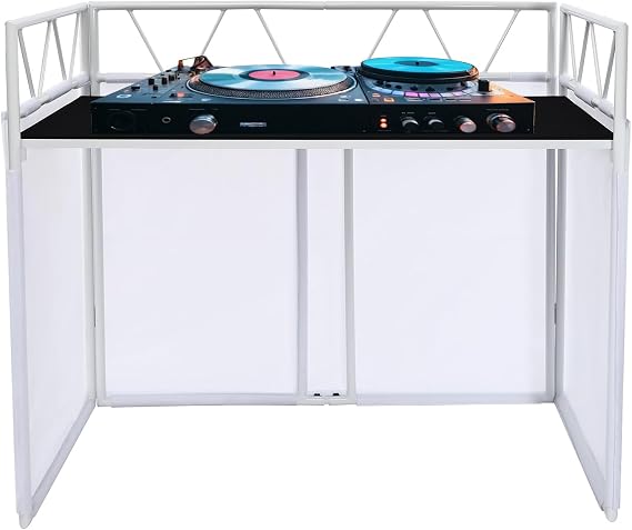 DJ Controller Stand,Portable DJ Booth Facade Stand, Foldable Standing DJ Table with Open Frame & Heighten Guardrails, White Oxford Cloth, 44.09lbs Load-bearing Capacity, Mobile DJs, White