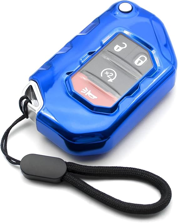 MECHCOS Compatible with Jeep Wrangler JL JLU Rubicon Wagoneer Gladiator JT Sahara JLU Blue TPU Flip Key Fob Cover Case Remote Holder Skin Protector Sleeve Accessories