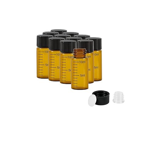 10ml アンバーガラスグラデーションバイアル スクリューキャップとプラスチックストッパー付き 小さなサンプルバイアル 蓋付き 漏れ防止 液体保存 空のバイアル 12個