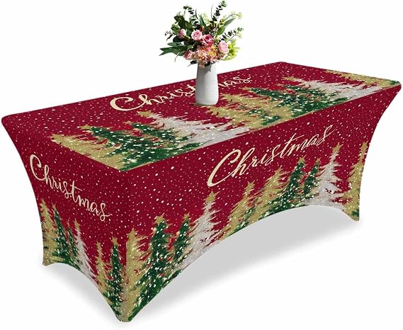6ft Stretch Spandex Tablecloth,Christmas Tree Falling Snow on Red Fitted Table Cover for Rectangular Tables,Gold Xmas Tree Watercolor Wrinkle Free Table Cloths for Wedding,Party,Banquet