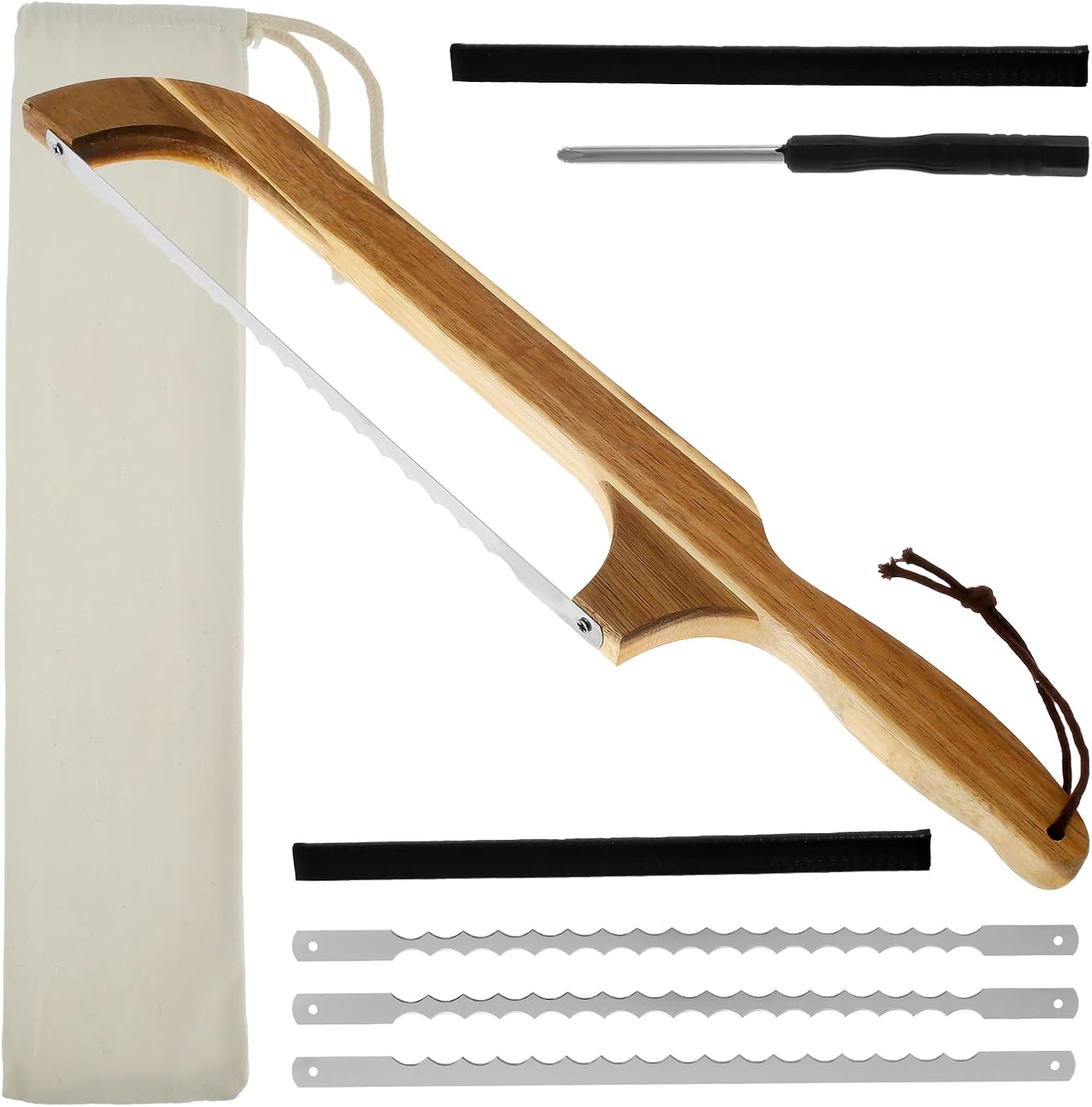 Bread Bow Saw Knife, 16.7 inch Bread Bow Cutter with Wooden Handle and 3 Stainless Steel Replacement Blades, Sourdough Bread Knife for Homemade Bread Baguettes