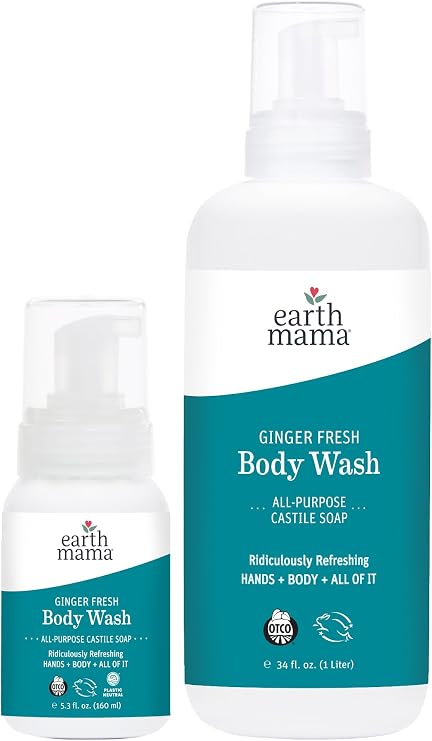 Earth Mama Ginger Fresh Hand & Body Wash | Foaming Hand Soap Refill, Castile Soap Liquid Made with Organic Coconut Oil, Shea Butter, Calendula & Aloe, 5.3 fl oz and Liter Refill
