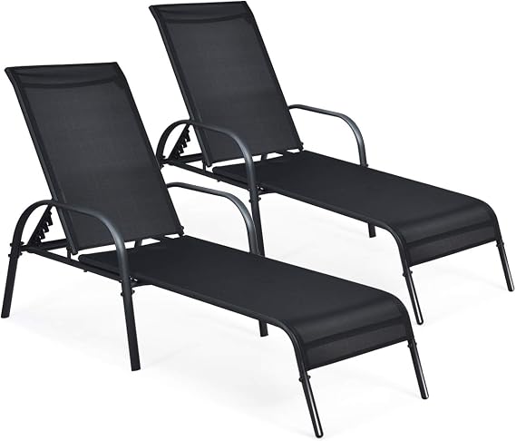 Giantex 2 Pcs Chaise Lounge Chair, Adjustable Reclining Lounge Chairs Patio Furniture, Backyard Lawn Sling Chaise w/Adjustable Back, Folding Recliners for Outdoor Beach Yard Pool (Black)