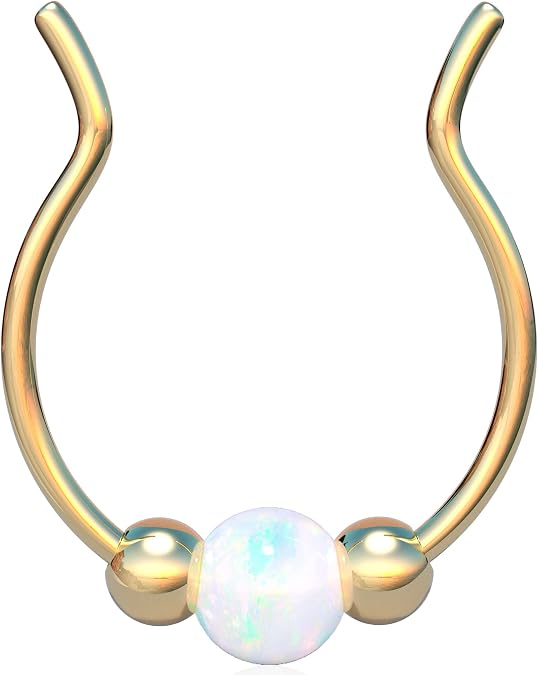 Fake Gold Septum Ring - Thin 24 Gauge White Opal Faux Septum Hoop - Tiny 14k Gold Filled Clip On Septum Piercing Jewelry - No Piercing Needed