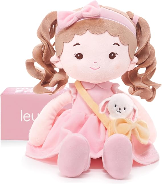 LeyaDoll Soft Plush Baby Doll 16'', First Rag Doll for 1 Year Old Girl Gift | Pink Gift Box Included, Bedtime Buddy for Infants, Embroidered Face & Buttery Soft, Machine Washable
