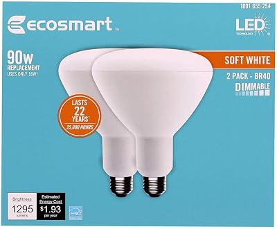EcoSmart 90-Watt Equivalent BR40 Dimmable LED Light Bulb, Soft White 2-Pack