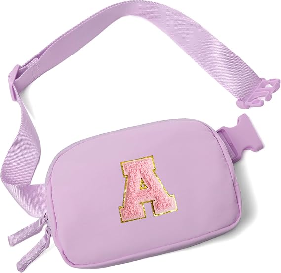 Belt Bag Two-Way Zipper Fanny Pack Crossbody Bags with Initial Letter Patch Cute Stuff for Teenager Girls Birthday Gifts Trendy Preppy Stuff for Teen Girls Cool Stuff for Teens (Lavender-A)