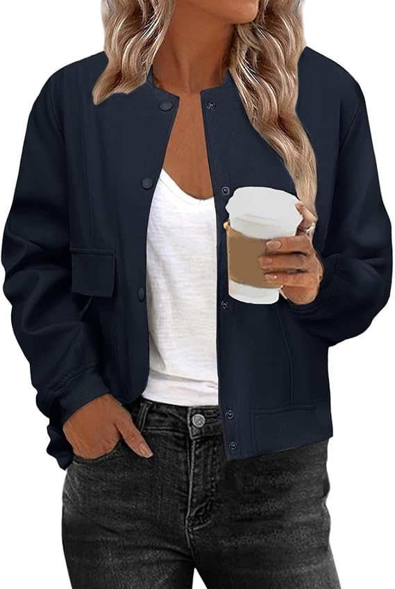 Womens Cropped Bomber Jacket Casual Long Sleeve Button Down Coats Trendy Varsity Y2k Jackets