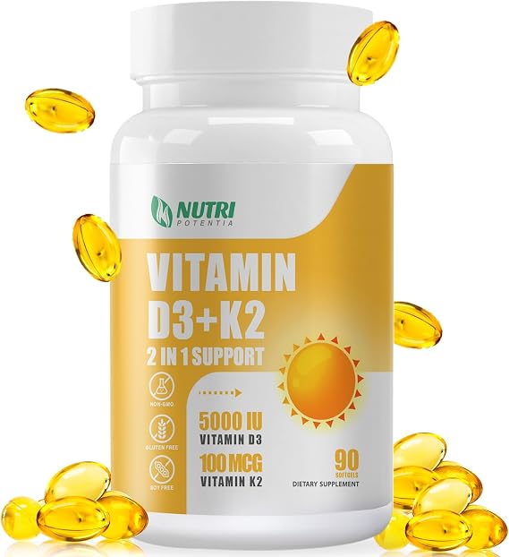 Vitamin D3 K2 Supplement with MCT Oil, Vitamin D3 5000 IU and K2 100 mcg Softgel, Bone and Heart Health Support Supplement, Gluten Free - 90 Count Softgels