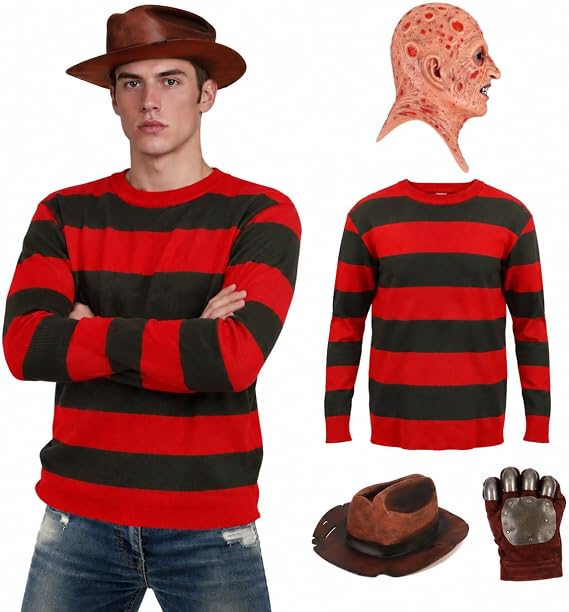 CAFELE 4PCS Men Halloween Costume with Mask Red and Green Striped Sweater Horror Killer Glove Hat Set Halloween Cosplay Props
