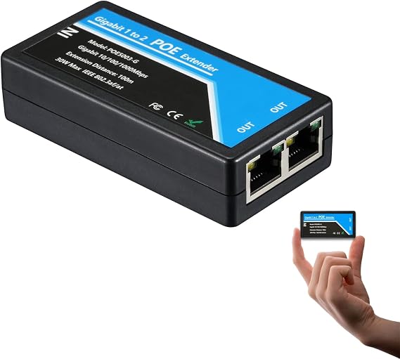 Revotech Gigabit 2 Port POE Extender, IEEE 802.3af/at PoE+ Standard, 10,100,1000Mbps, POE Repeater 100 Meters(328 ft), Extender 1 in 2 Out, Power Supply for PoE Camera/PoE Device (POE5003-G)