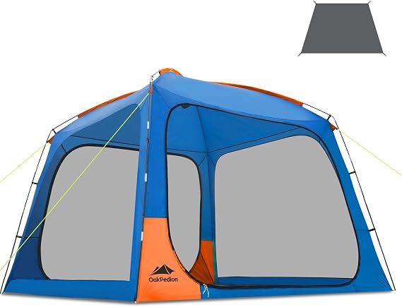 10 X 10ft Screen House Room for Camping, Screened Mesh Net Wall Canopy Tent, UPF 50+ Screen Tent with Floor for Patios Outdoor Camping Activities, Blue & Orange