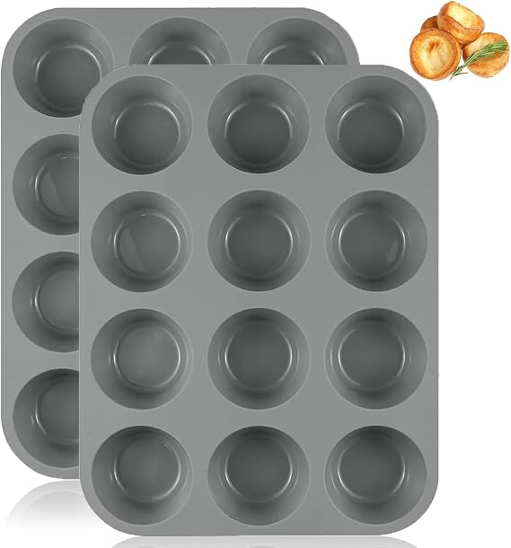 Large Muffin Tray 12 Cup, Silicone Muffin Pan, 2pcs Non-Stick Muffin Cupcake Tin, Baking Mould for Muffins or Cupcakes, Dishwasher Safe, Reusable Baking Moulds Tins-30 x 22 x 3cm (Grey)